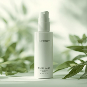 创建一张简约护肤瓶的图片，背景带有柔和的植物光影 (3)