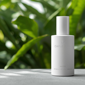 创建一张简约护肤瓶的图片，背景带有柔和的植物光影 (1)