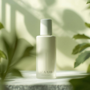 创建一张简约护肤瓶的图片，背景带有柔和的植物光影 (2)