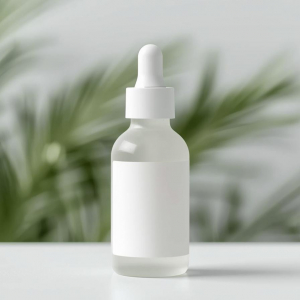 创建一张简约护肤瓶的图片，背景带有柔和的植物光影